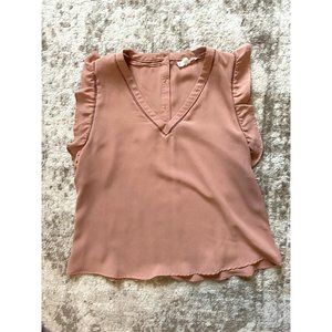 MINE V Neck Ruffle Sleeve Shirt Georgette Pink Blush Dusty Rose Top Valentine’s
